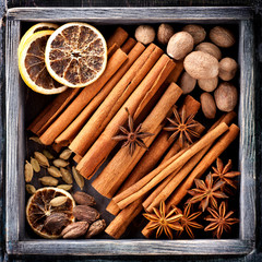 Spices for Christmas baking in wooden box