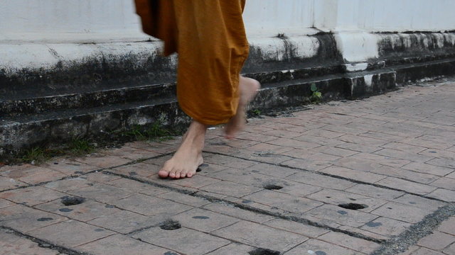 Buddhism Monk walking on the road in morning. HD
