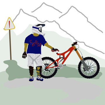 The simple image of a rider with bicycle for downhill.