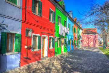 colorful houses in a Burano square in hdr tone