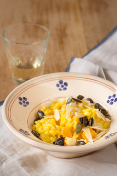 Pumpkin and saffron risotto with parmesan and pumpkin seeds