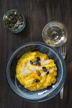 Pumpkin and saffron risotto with parmesan and pumpkin seeds