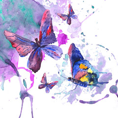 Abstract watercolor background with butterflies