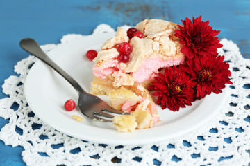 Piece of tasty pie with apples and berry mousse,