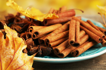 Cinnamon sticks and stars anise with yellow leaves