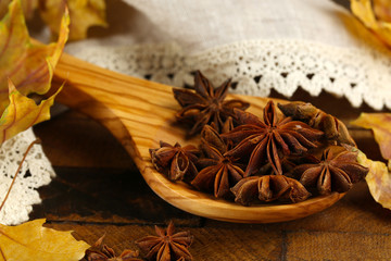 Stars anise in wooden spoon on table close up