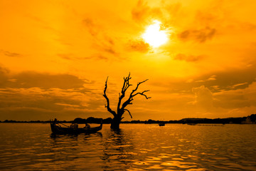 Dead tree and a boat in Mandalay lake, Myanmar