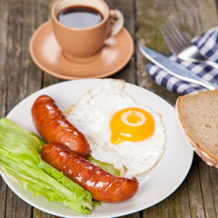 Breakfast plate with sausages and eggs