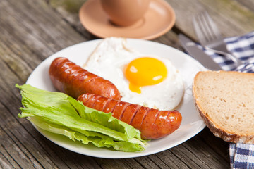 Breakfast plate with sausages and eggs