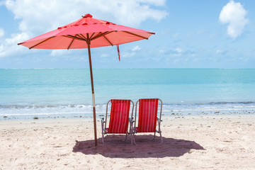 chairs and umbrella at Ponta Verde, Maceio, Alagoas, Brazil