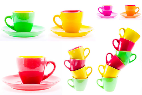 Beautiful Yellow, Red, Green Color Cups, Set, Collage
