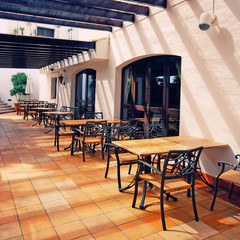 open terrace cafe in mediterranean village, Portugal - 72026814