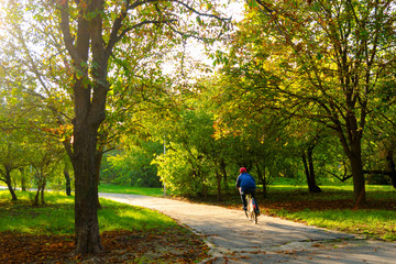 Boy riding bicycle on the park alley in the autumn
