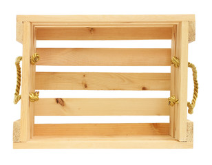 Wooden Crate with Golden Rope Lifting Ears isolated on white bac