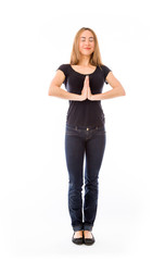 model isolated on plain background praying wishing