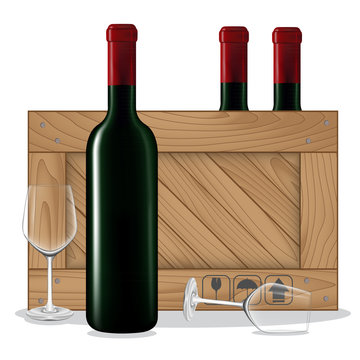 Bottles of wine in wooden box and glass wine