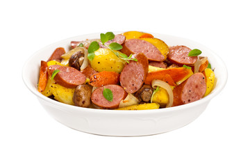Potato and Sausage Dinner. Isolated on white background.