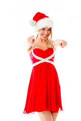 model isolated on plain background fingers pointing to camera