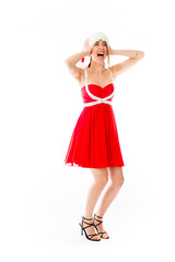 model isolated on plain background stressed upset pulling hairs