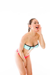 Fototapeta premium model isolated on plain background calling shouting