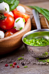 Mozzarella cheese with cherry tomatoes and basil