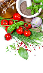 Cherry Tomatoes, chives and peppers on white