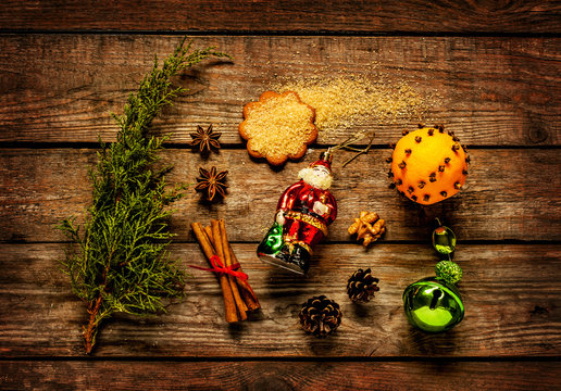 Vintage Christmas Decorations On Rustic Wood From Above