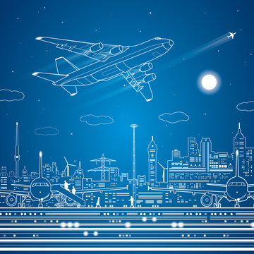Airport, airplane fly, city infrastructure, vector lines design