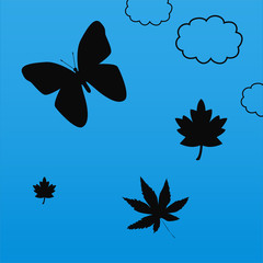 Décor papillon et feuilles silhouettes fond bleu