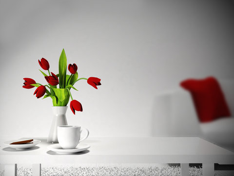Red Flowers On The  Table