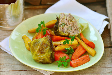 baked pudding from a Savoy cabbage with meat
