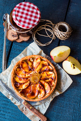 apple tart with pear jam and caramel, top view