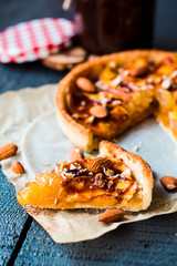 slice of tart with pear jam, apples and caramel