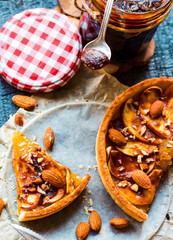 apple tart with caramel, a piece of cake, top view