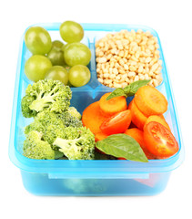 Tasty vegetarian food in plastic box, isolated on white