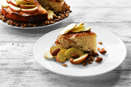 Homemade apple pie served on table, close-up