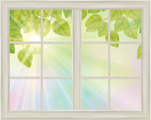 Vector window with spring view green leaves on sunny background.
