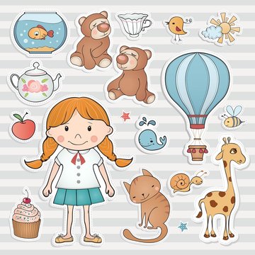 Little girl and cute animals. Vector collection.