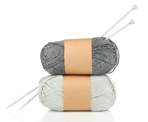 Knitting yarn with knitting needles, isolated on white