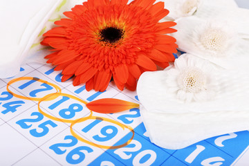 Sanitary pads and orange Gerber on blue calendar background