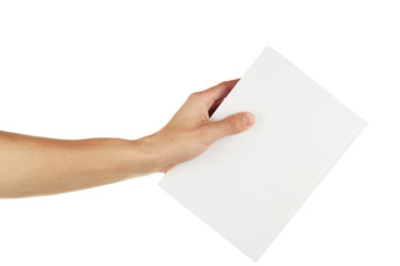 Man hand hold white book isolated on white
