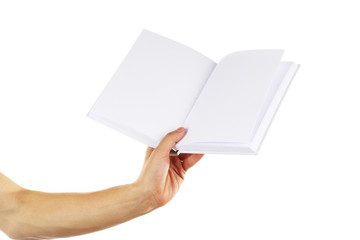 Obraz premium Man hand hold white book isolated on white