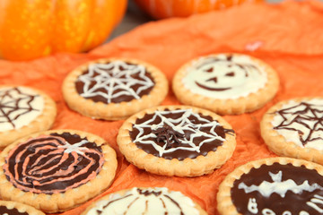 Tasty Halloween cookies, close up