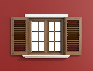 Wooden window on red wall
