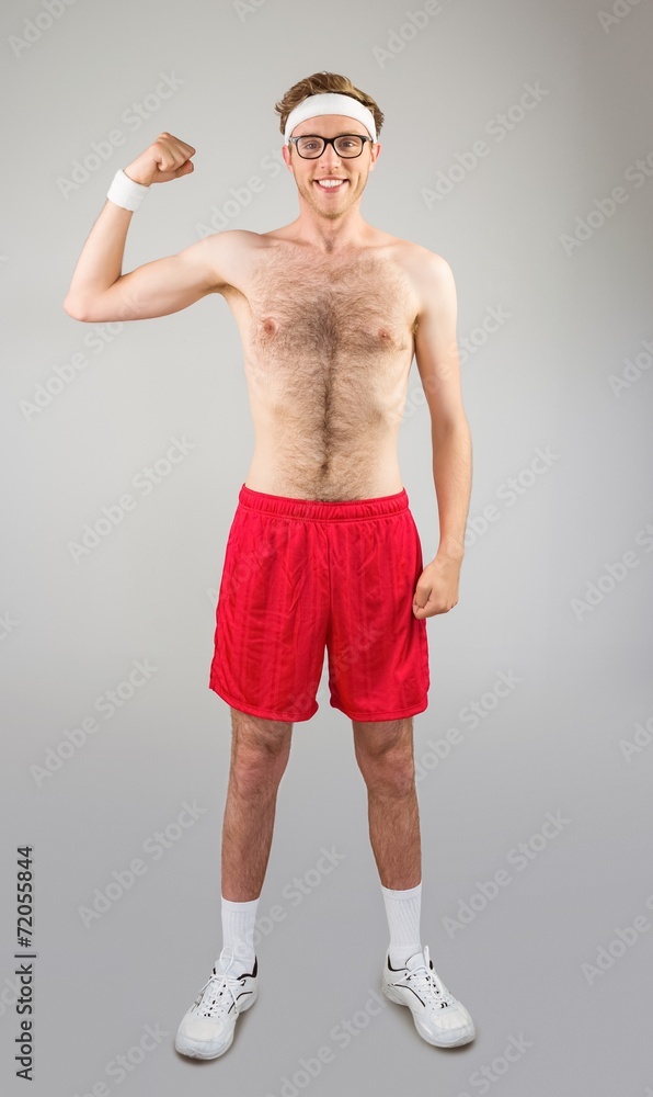 Poster geeky shirtless hipster flexing bicep