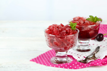 Closeup of cherry granita in glass bowl,