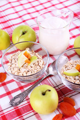 Oatmeal in bowls, yogurt and apples