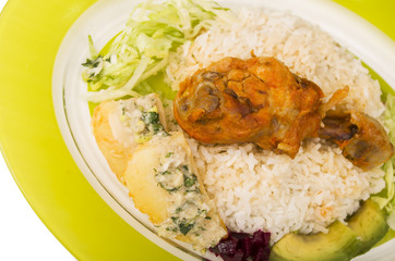 chicken served with white rice potato on a plate