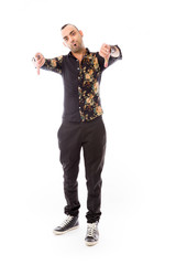 negative model showing thumbs down