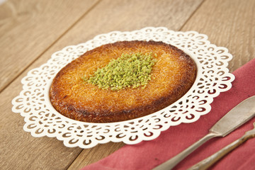 Turkish dessert kunefe with pistachio powder